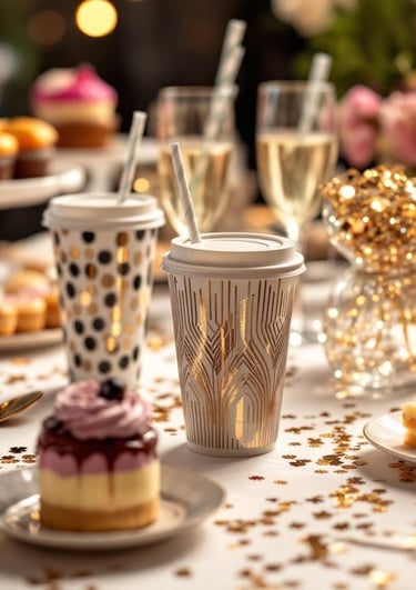 mesa con vasos decorados, vasos cafeteros, festejo, mesa de dulces, vasos con popote, colores dorado