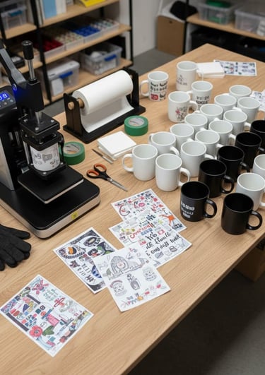 mesa de trabajo de sublimacion con tazas blancas y negras para sublimar,sublimadora,cintas termicas