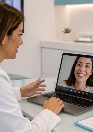 Especialista de Klinik Dent realizando un diagnóstico dental online por videollamada