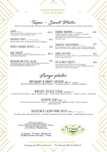Tonic Bar & Bistro Lunch Dinner menu for Tonic