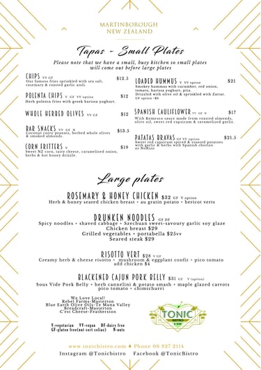 Martinborough Lunch and DInner Menu at Tonic Bar and Bistro