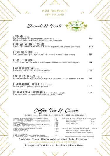 Tonic Bar & Bistro dessert menu