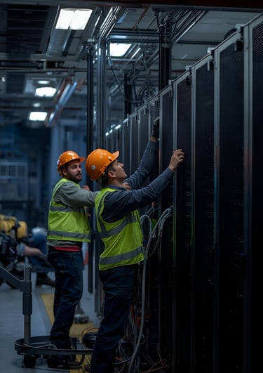 Technicians racking and cabling servers in live data center – McKnight SDVOSB data center construct