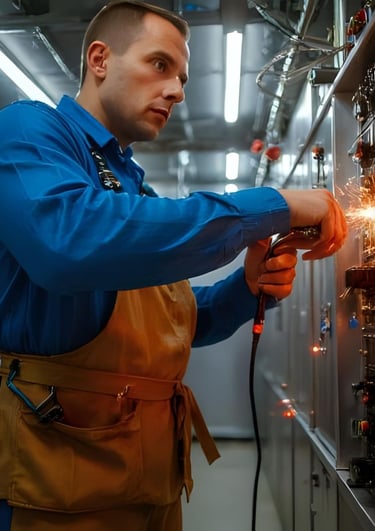 Electrician installing high-voltage wiring and UPS systems in Tier III data center – McKnight vetera