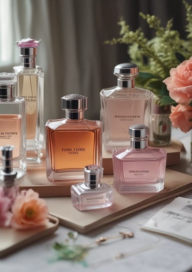 A beautifully arranged collection of elegant perfume bottles with a warm, inviting background.