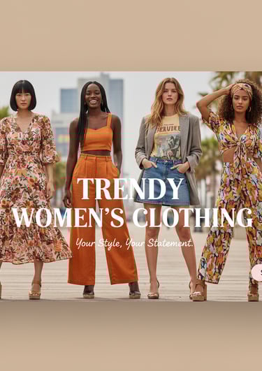Four diverse models posing in trendy summer women's clothing on a sunny boardwalk.