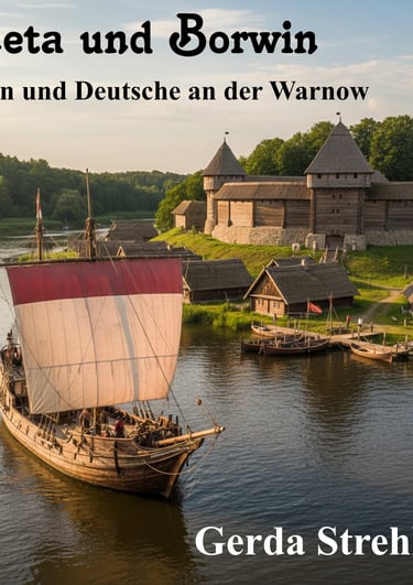 Eine Kogge auf der Warnow und Dorf am Ufer