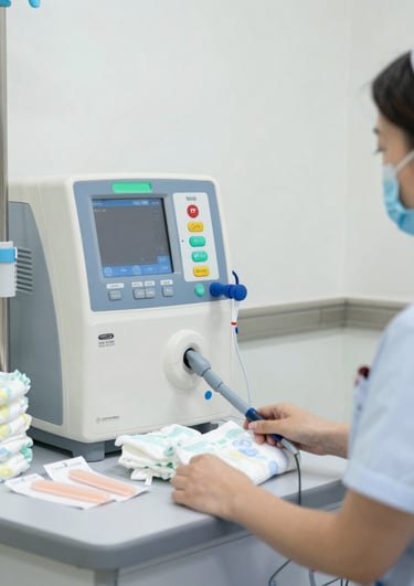 A nurse using home care medical equipment in a cozy residential setting.