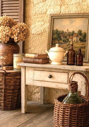 Objets de décoration vintage et brocante de campagne dans une ambiance chaleureuse du Périgord.