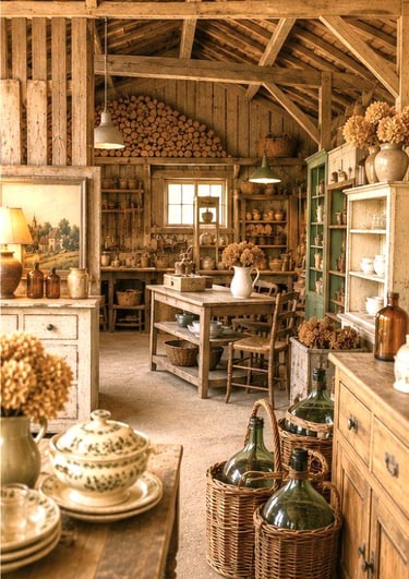 Boutique de brocante et atelier de restauration dans un ancien séchoir à bois du Périgord.