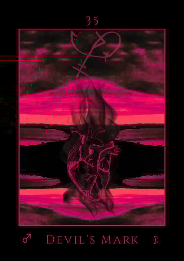 Satanic tarot card titled Devil's Mark, featuring a burning anatomical heart over a dark red sunset.