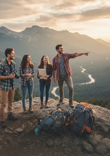 Group of happy friends hiking on a mountain summit at sunset with a scenic valley view.