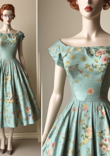 A delicate Victorian lace dress displayed on a vintage mannequin in soft natural light.