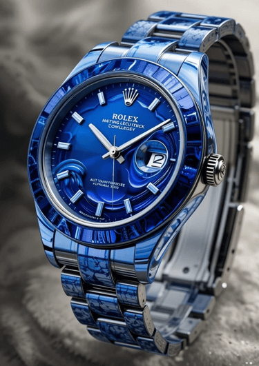 Luxury blue Rolex Datejust watch featuring a custom marble pattern dial and blue ceramic bracelet.