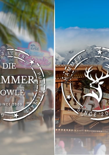 Geteiltes Bild, links der Hammer Bowle Stand mit Logo und rechts die Hammer Alm Hütte vor den Alpen