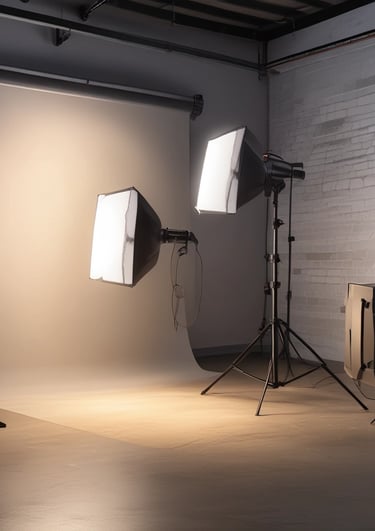 Softbox and LED panels set up for a portrait shoot in a bright studio