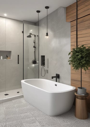 Modern renovated living room with warm lighting and stylish furniture