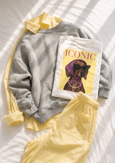 Flat lay BEWOOMAN : layering oversize chic avec sweat gris, chemise pastel et look maman active stylée.