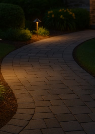 A brick walkway that is lit by landscape lighting offering a safe and elegant path