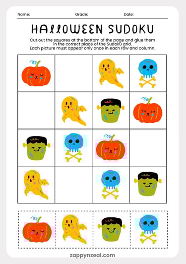 Halloween Sudoku Worksheet Printable zappynzeal.com
