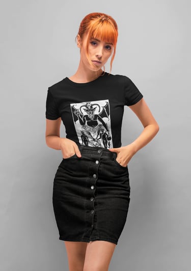 woman wearing a black and white devil tarot t-shirt