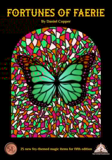 The cover of Fortunes of Faerie, showing a stained glass effect with a butterfly.