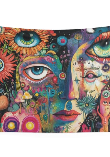 trippy unusual face eyes tapestry