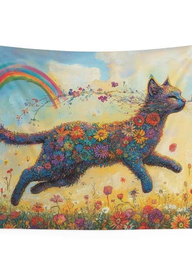 leaping floral cat tapestry