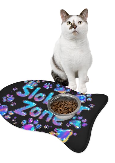 fish slobber zone mat with cat and bowl