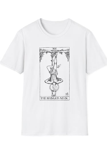 black and white the hanged man tarot t-shirt