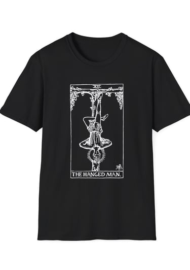 black and white the hanged man tarot t-shirt