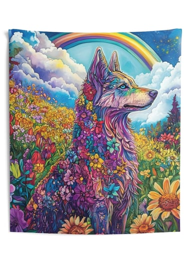 colorful wolf flower tapestry