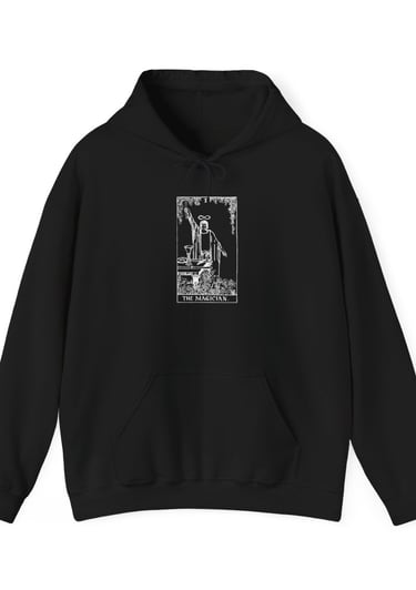 a black and white hoodie with a picture of the magician tarot on it