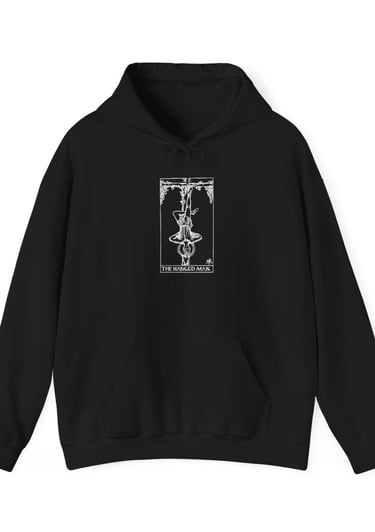 black and white hoodie with the hanged man tarot