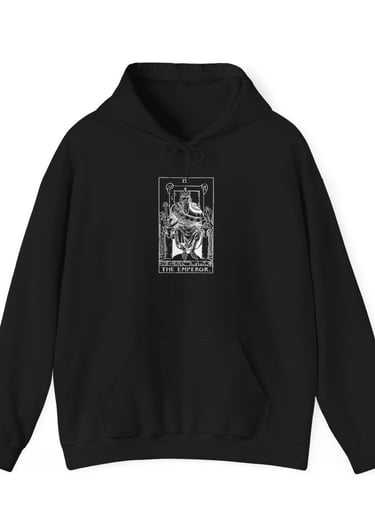 black and white hoodie with the emperor tarot