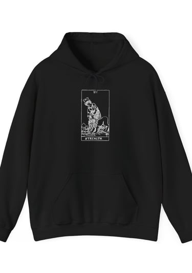 black and white hoodie with strength tarot