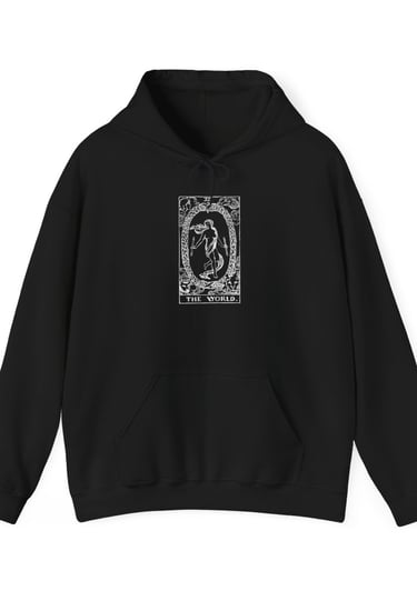 black and white hoodie with the world tarot