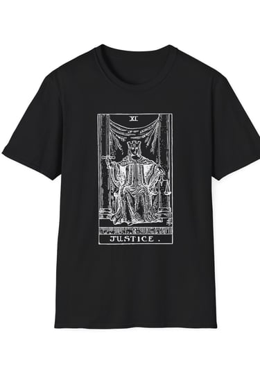black and white justice tarot t-shirt