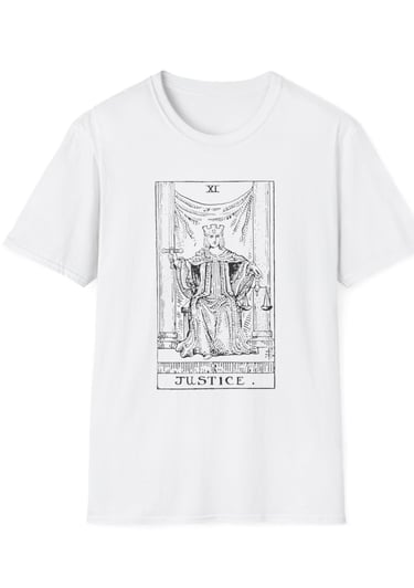 black and white justice tarot t-shirt