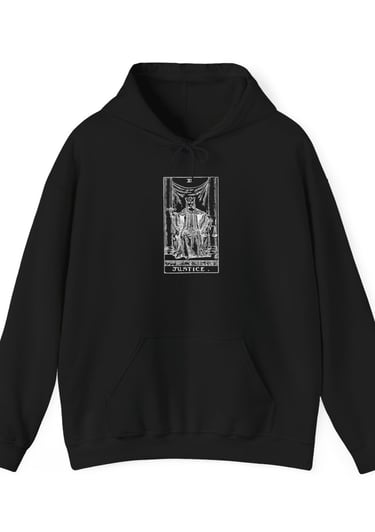 black and white hoodie with justice tarot 