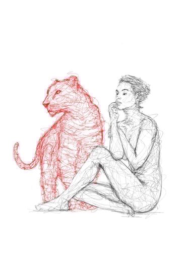 scribble art drawing nude woman with leopard by nuditat