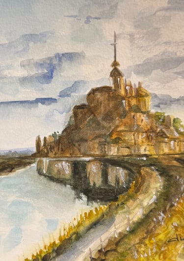 a painting of Mont Saint-Michel castle with a river in the background