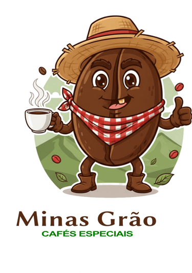 um grão de café com chapeu de palha e um cachecol e botina segurando uma xícara de café da montanha