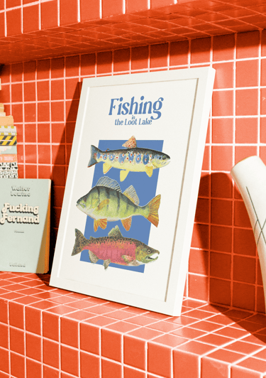 Poster Fishing in the loot lake orange tiles background