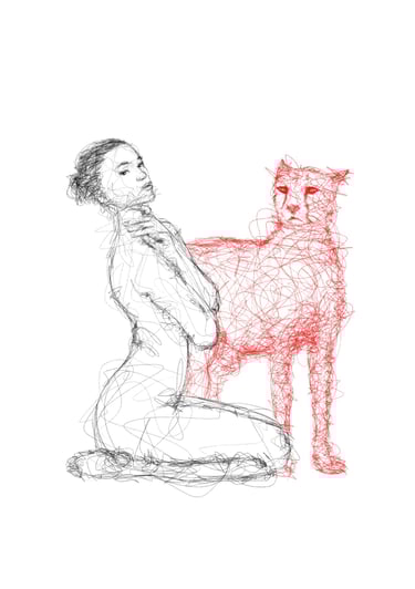 scribble art drawing nude woman with cheetah by nuditat