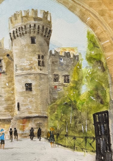 a painting of a castle in Rhodes with a tower in the background