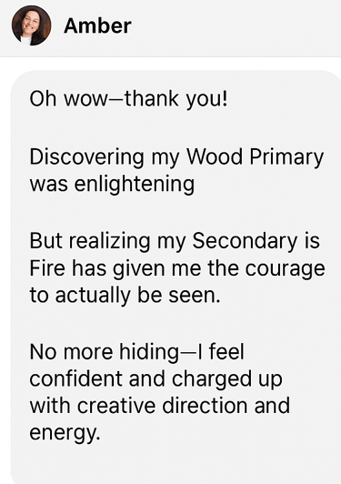 DM screenshot of Wood + Fire Archetype – Visionary entrepreneur celebrates discovering her strategic dual archetype
