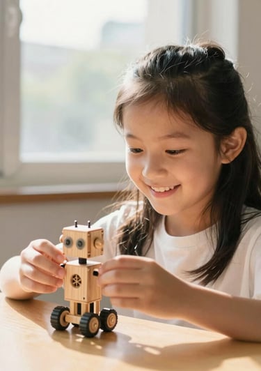 Medium close-up of a young girl smiling as she builds a small wooden robot, warm natural daylight streaming through a classroom window, shallow depth of field, 35mm