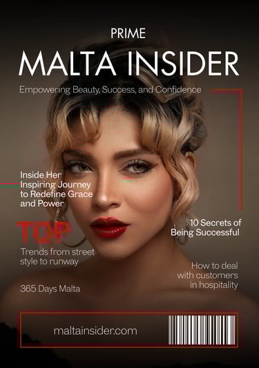 Malta Insider magazine cover featuring a woman with blonde curls, red lipstick, and beauty lifestyle headlines.