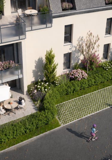 Vue drone d’une résidence familiale moderne avec espaces verts luxuriants, ambiance printanière et a